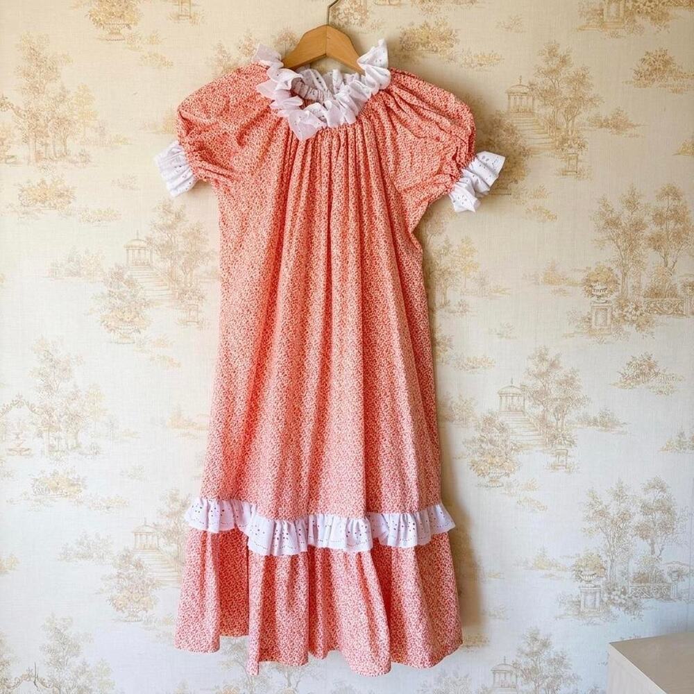 Vintage 70s Prairie Dress Floral Eyelet Lace Ruffle Cottagecore Mini Nightgown M